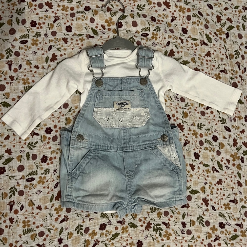 EUC (worn once) Oshkosh Denim Overalls + Carter’s Long Sleeve Onesie; Size 6 mos